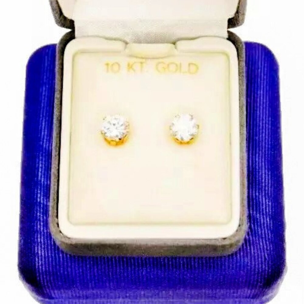 Vintage 10k Yellow SOLID Gold 6.5 mm Cubic Zirconia Stud Earrings Signed HAB